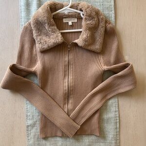 Tan Ribbed Zip-Up Jacket with Faux Fur Collar